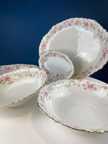 Antique Porcelain Serving Dishes. Set of Five Hutschenreuter Platters and Bowls with Pink Rose Garlands Motif. - Tampa Home & Garden Store