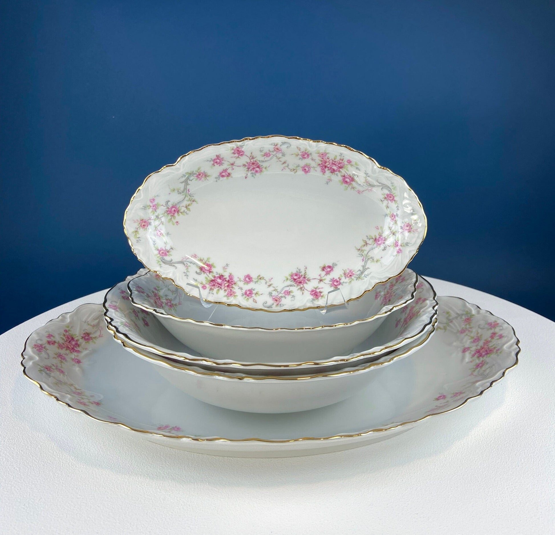 Antique Porcelain Serving Dishes. Set of Five Hutschenreuter Platters and Bowls with Pink Rose Garlands Motif. - Tampa Home & Garden Store