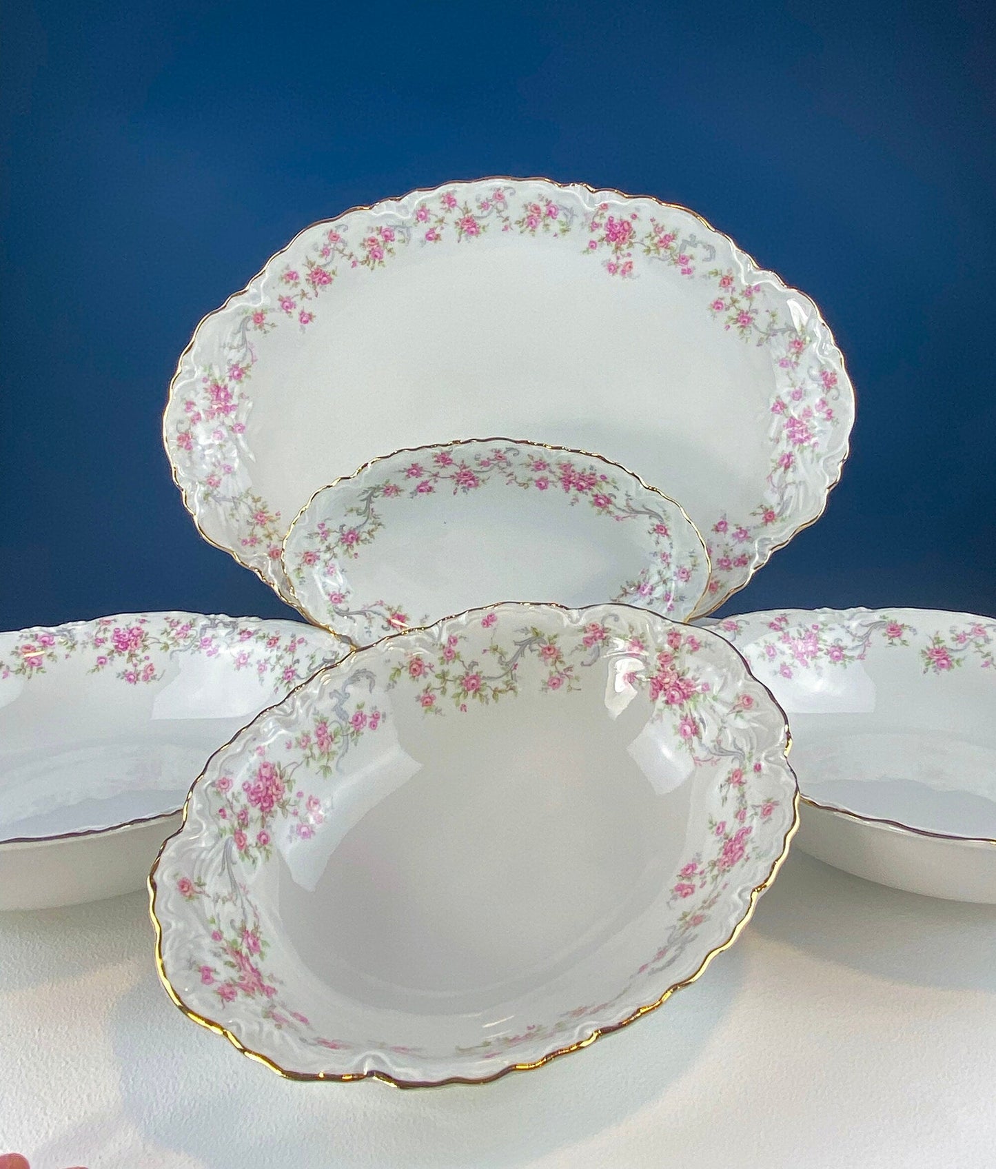 Antique Porcelain Serving Dishes. Set of Five Hutschenreuter Platters and Bowls with Pink Rose Garlands Motif. - Tampa Home & Garden Store