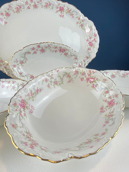 Antique Porcelain Serving Dishes. Set of Five Hutschenreuter Platters and Bowls with Pink Rose Garlands Motif. - Tampa Home & Garden Store