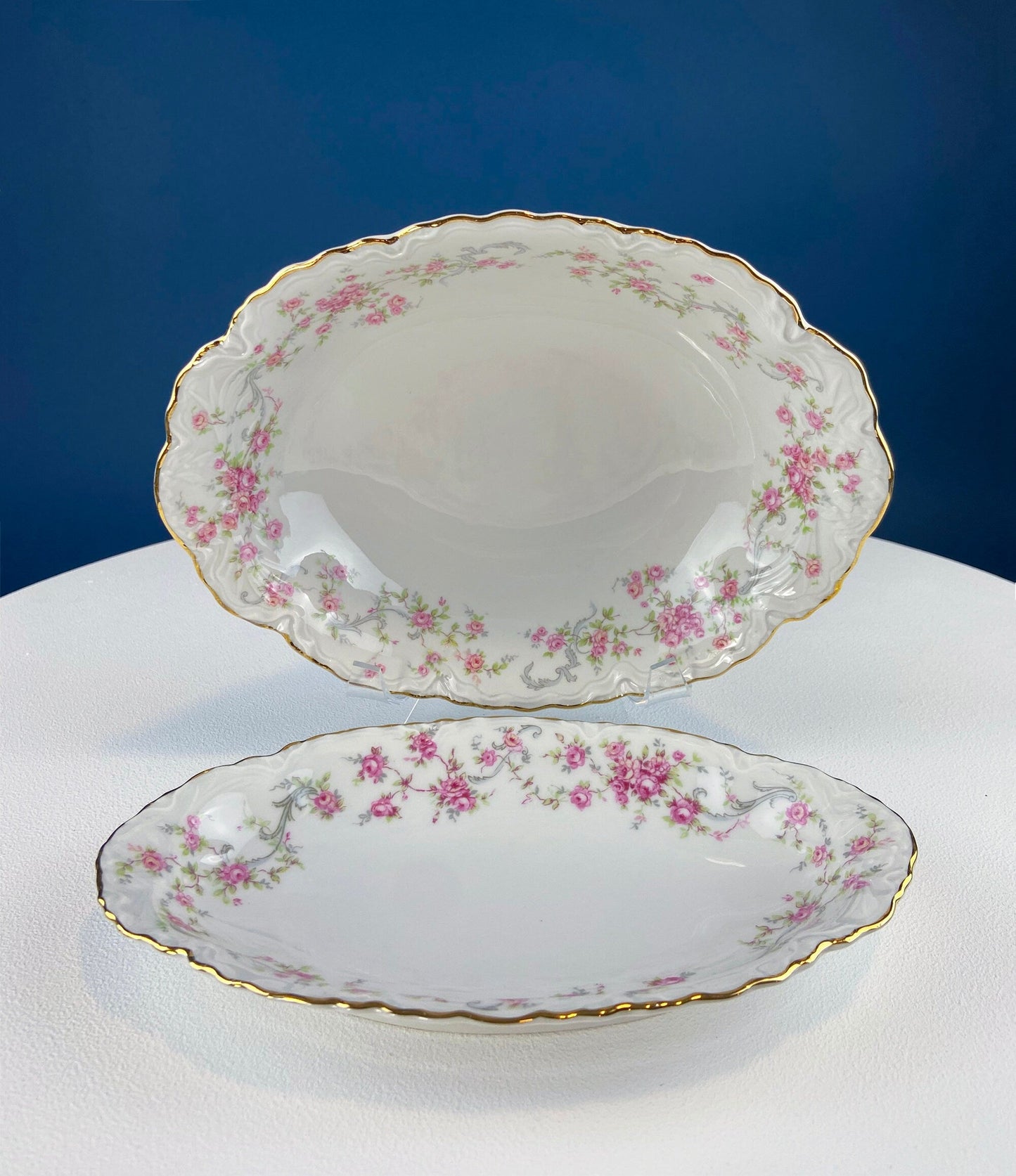 Antique Porcelain Serving Dishes. Set of Five Hutschenreuter Platters and Bowls with Pink Rose Garlands Motif. - Tampa Home & Garden Store