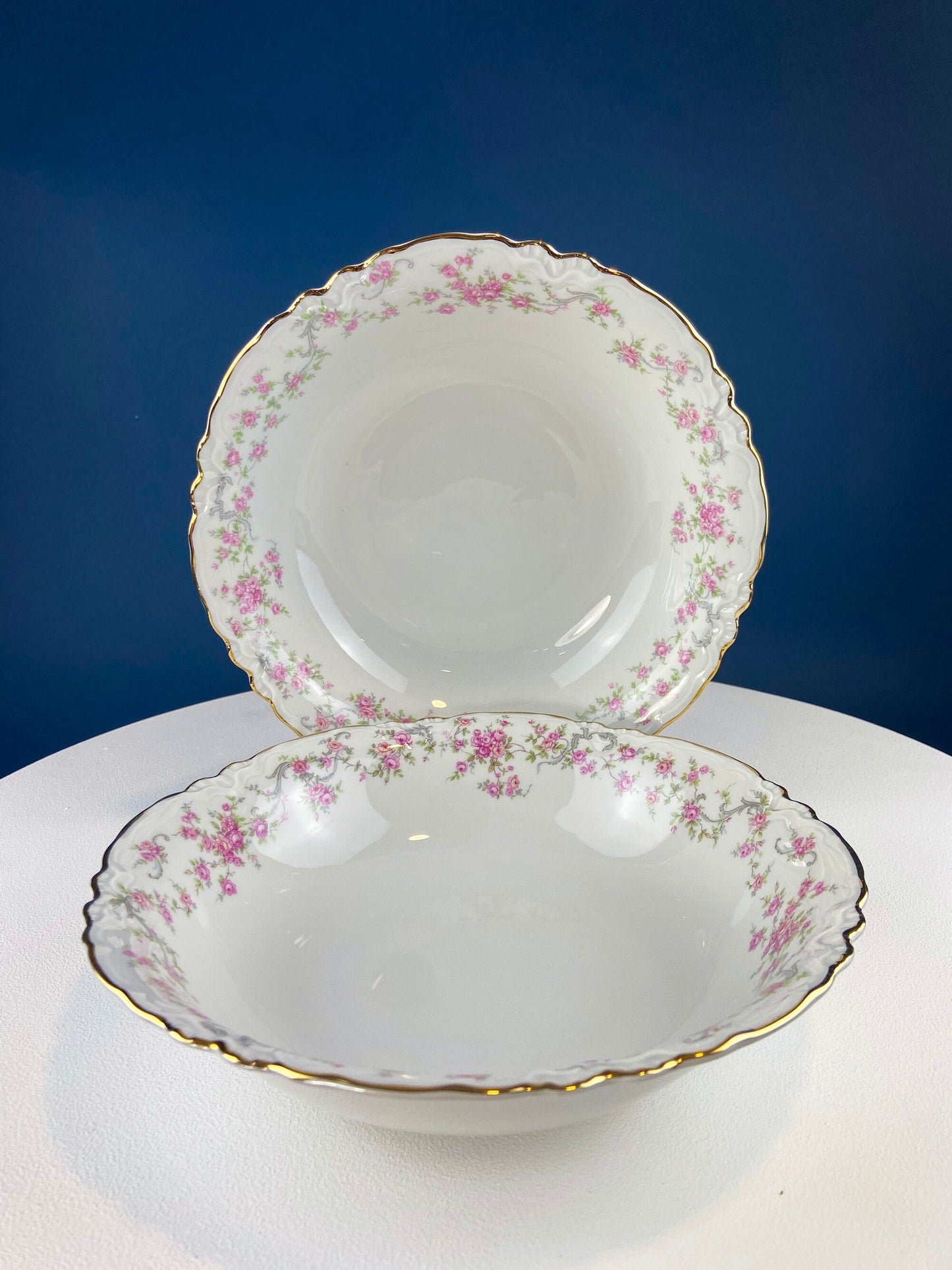 Antique Porcelain Serving Dishes. Set of Five Hutschenreuter Platters and Bowls with Pink Rose Garlands Motif. - Tampa Home & Garden Store