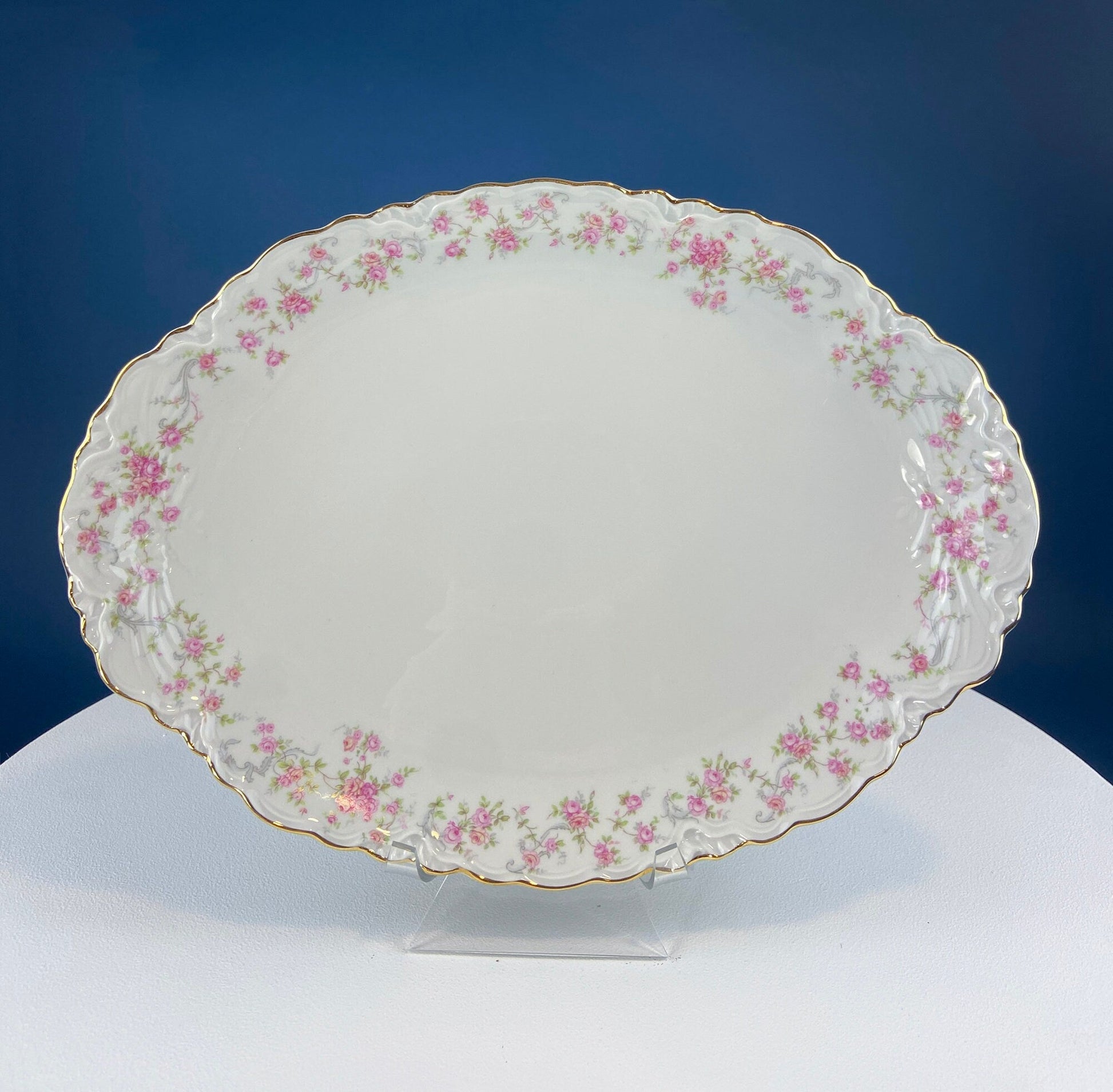 Antique Porcelain Serving Dishes. Set of Five Hutschenreuter Platters and Bowls with Pink Rose Garlands Motif. - Tampa Home & Garden Store