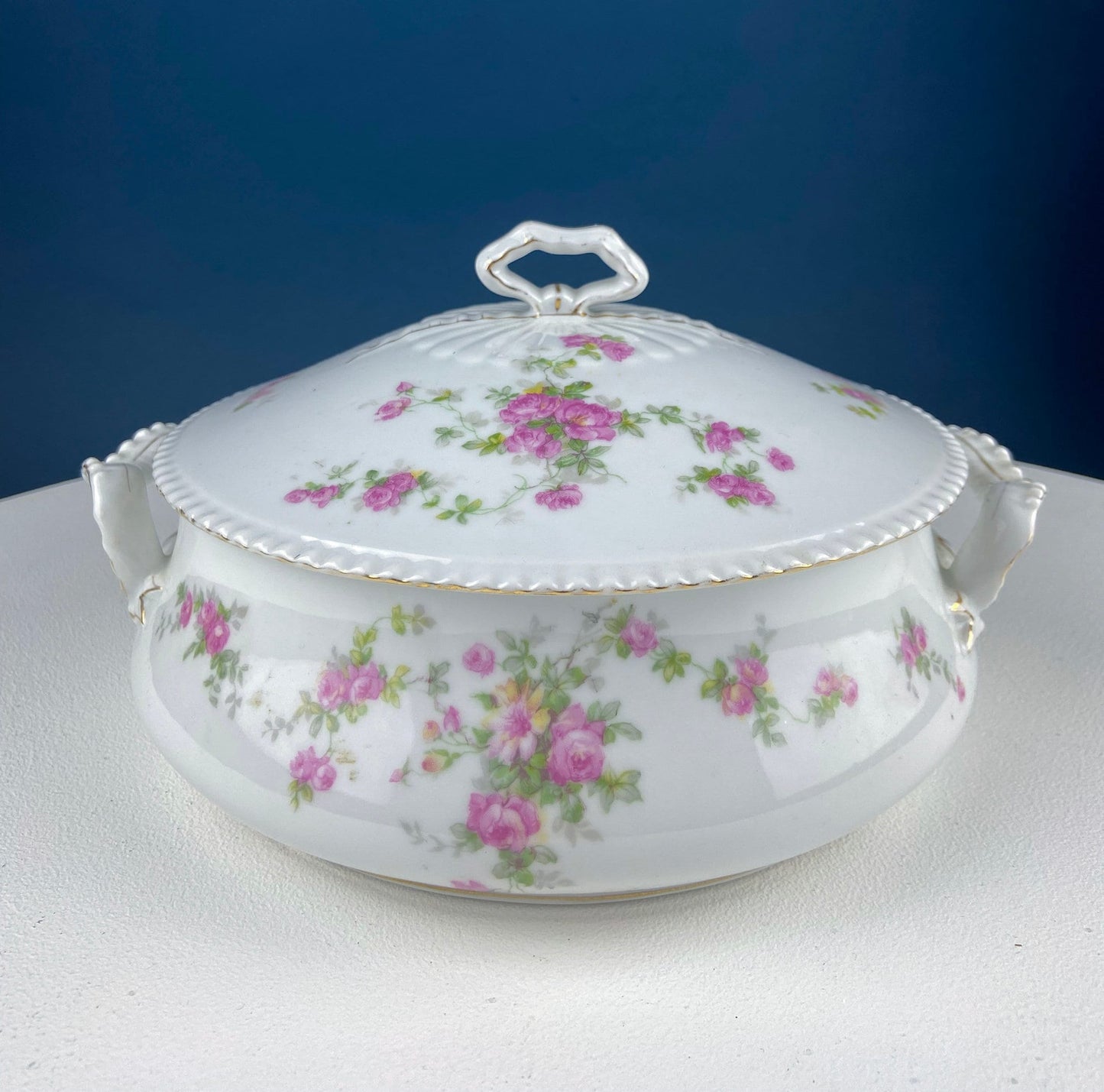 Antique Porcelain Tureen with Delicate Pink Roses. Bow Like Handles. Soup Serving Dish. Holiday Family Dining. Fine Table Setting. - Tampa Home & Garden Store
