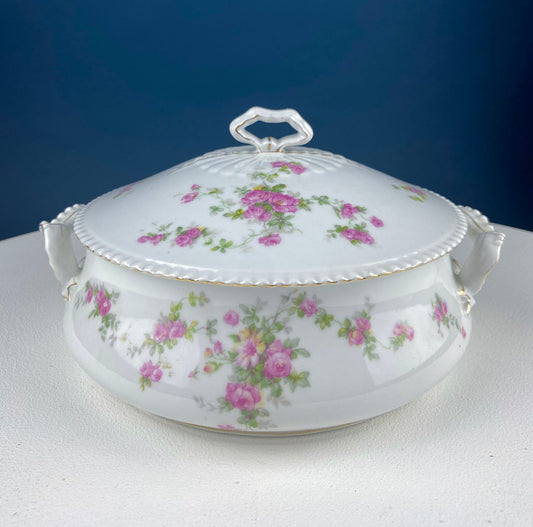 Antique Porcelain Tureen with Delicate Pink Roses. Bow Like Handles. Soup Serving Dish. Holiday Family Dining. Fine Table Setting. - Tampa Home & Garden Store