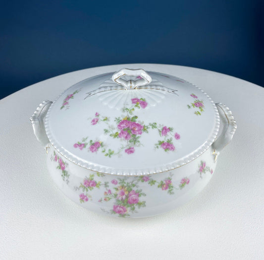 Antique Porcelain Tureen with Delicate Pink Roses. Bow Like Handles. Soup Serving Dish. Holiday Family Dining. Fine Table Setting. - Tampa Home & Garden Store