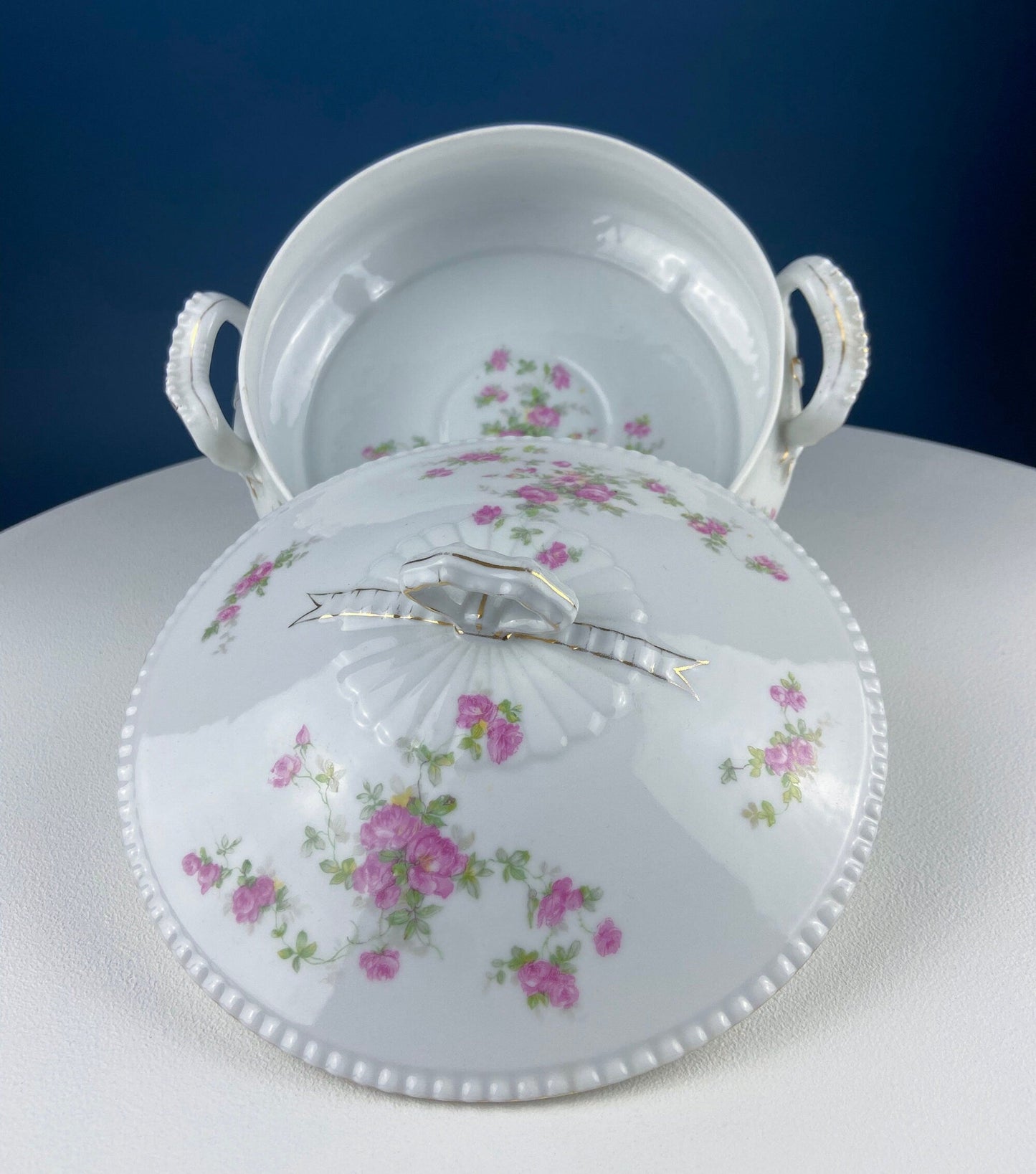 Antique Porcelain Tureen with Delicate Pink Roses. Bow Like Handles. Soup Serving Dish. Holiday Family Dining. Fine Table Setting. - Tampa Home & Garden Store