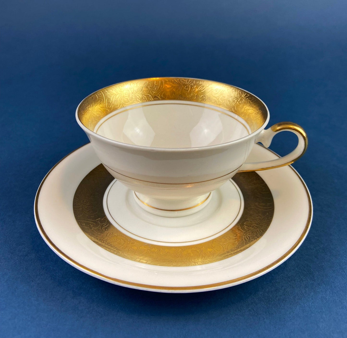Antique Royal Jackson Tea Cup and Saucer: Cream Porcelain with Gold Band - Tampa Home & Garden Store