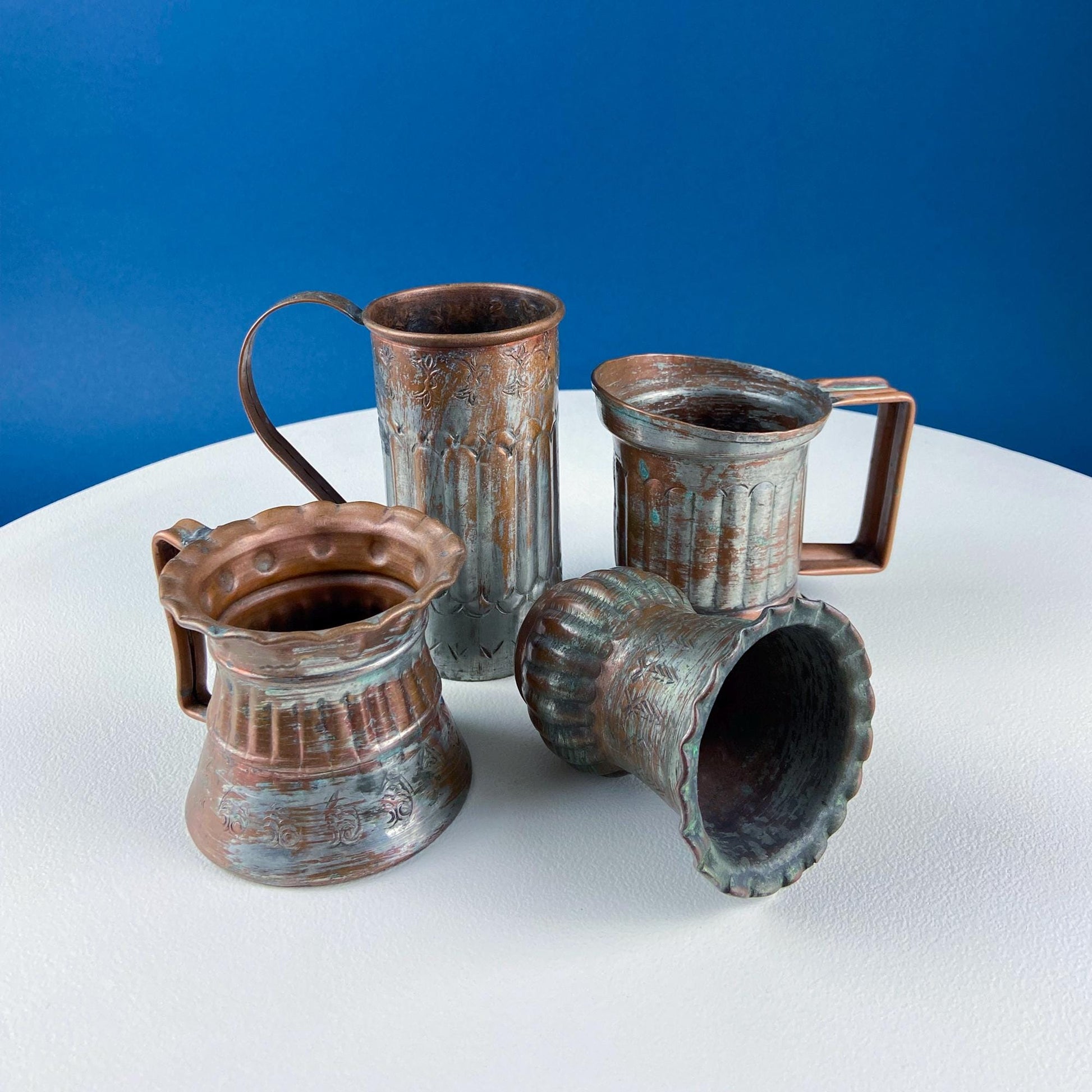 Antique Rustic Hand Pounded Copper and Tin Cups. Set of 4 Different Vessels. Beautiful Fluting. Rustic Home Decor. Gift for Him or Her. - Tampa Home & Garden Store