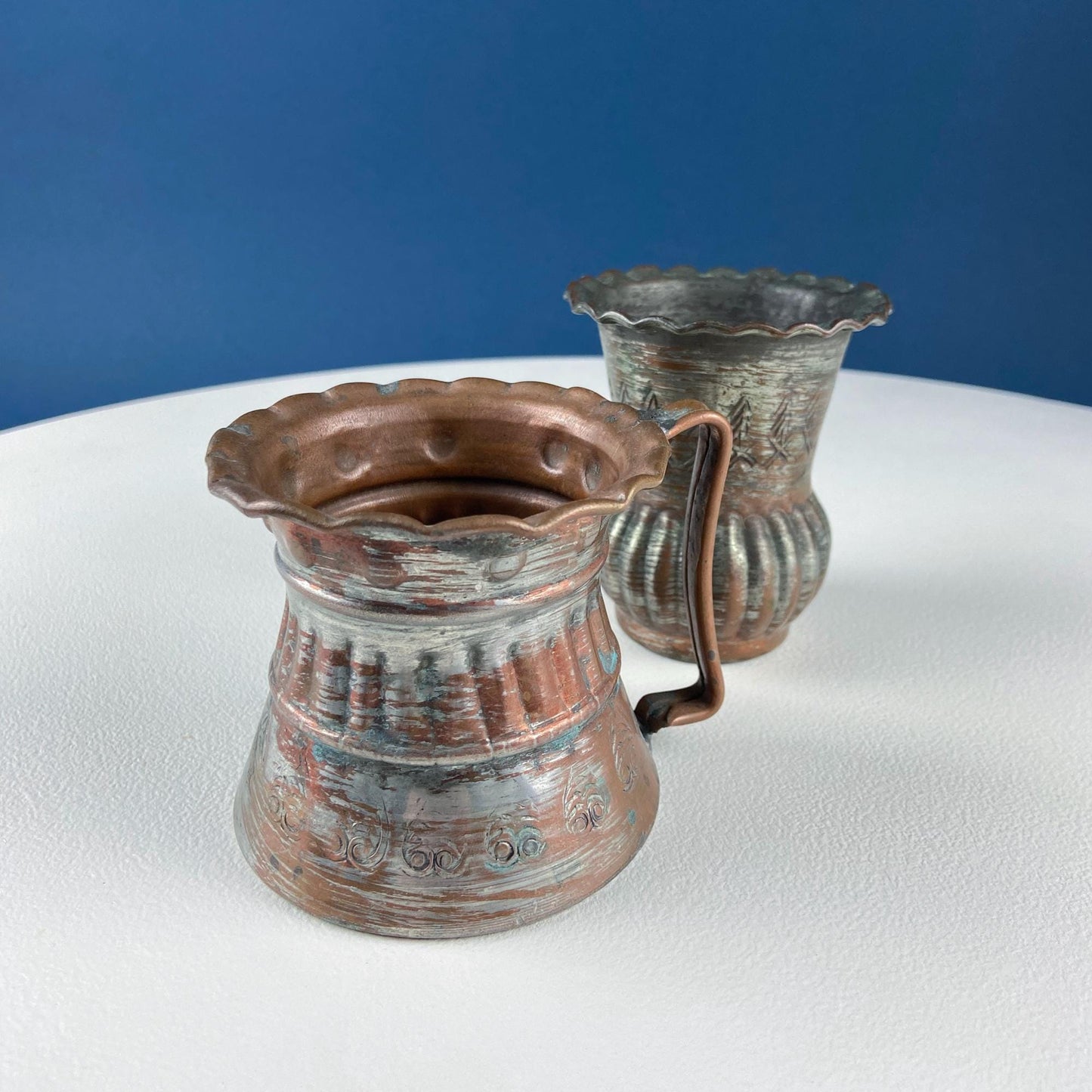 Antique Rustic Hand Pounded Copper and Tin Cups. Set of 4 Different Vessels. Beautiful Fluting. Rustic Home Decor. Gift for Him or Her. - Tampa Home & Garden Store