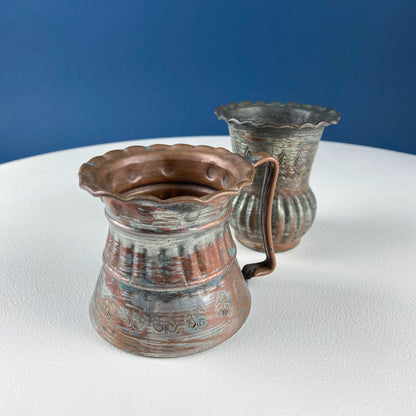 Antique Rustic Hand Pounded Copper and Tin Cups. Set of 4 Different Vessels. Beautiful Fluting. Rustic Home Decor. Gift for Him or Her. - Tampa Home & Garden Store