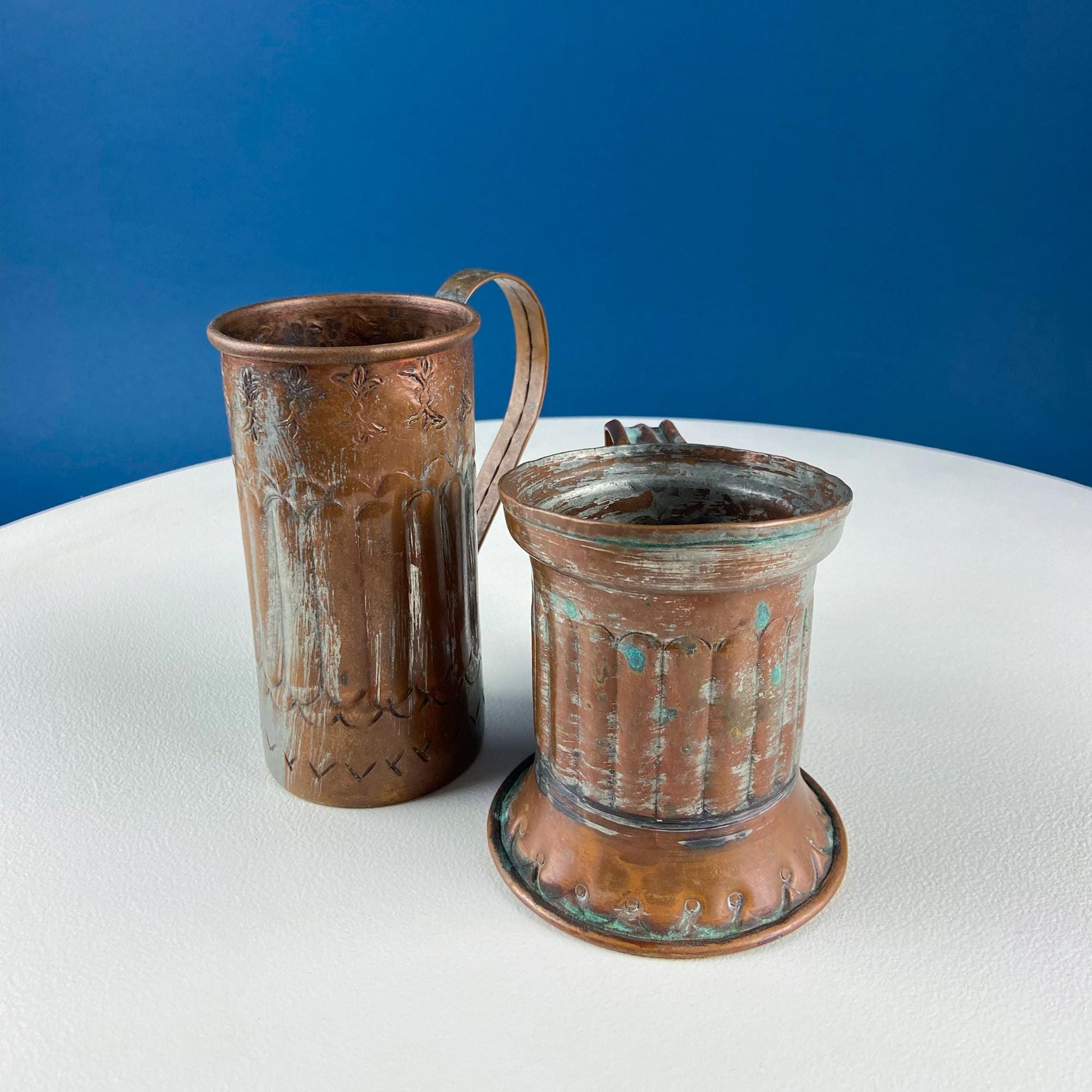Antique Rustic Hand Pounded Copper and Tin Cups. Set of 4 Different Vessels. Beautiful Fluting. Rustic Home Decor. Gift for Him or Her. - Tampa Home & Garden Store