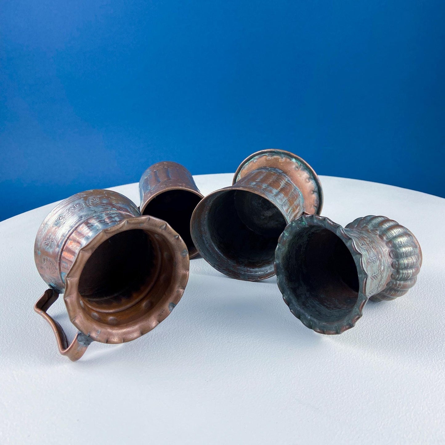 Antique Rustic Hand Pounded Copper and Tin Cups. Set of 4 Different Vessels. Beautiful Fluting. Rustic Home Decor. Gift for Him or Her. - Tampa Home & Garden Store