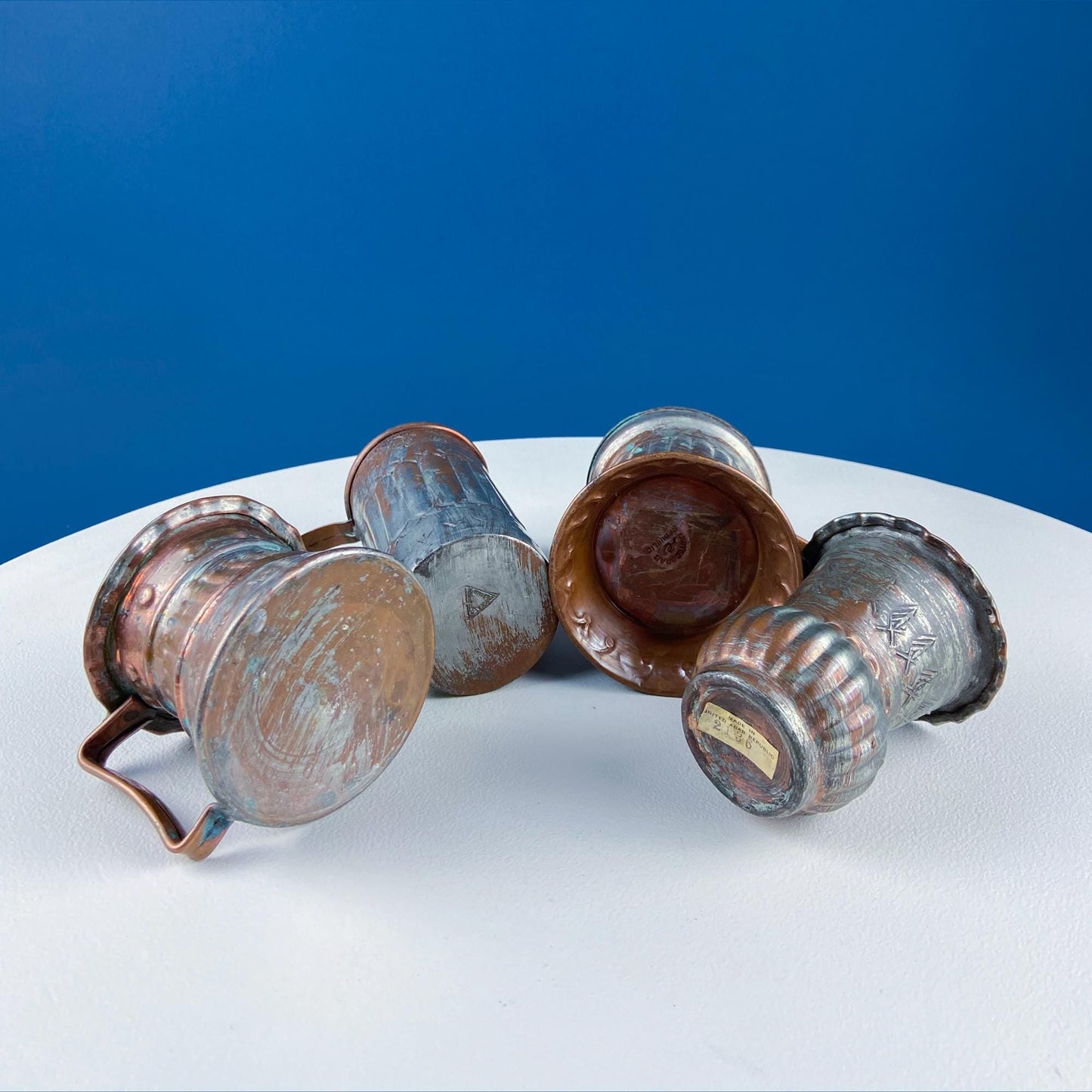Antique Rustic Hand Pounded Copper and Tin Cups. Set of 4 Different Vessels. Beautiful Fluting. Rustic Home Decor. Gift for Him or Her. - Tampa Home & Garden Store