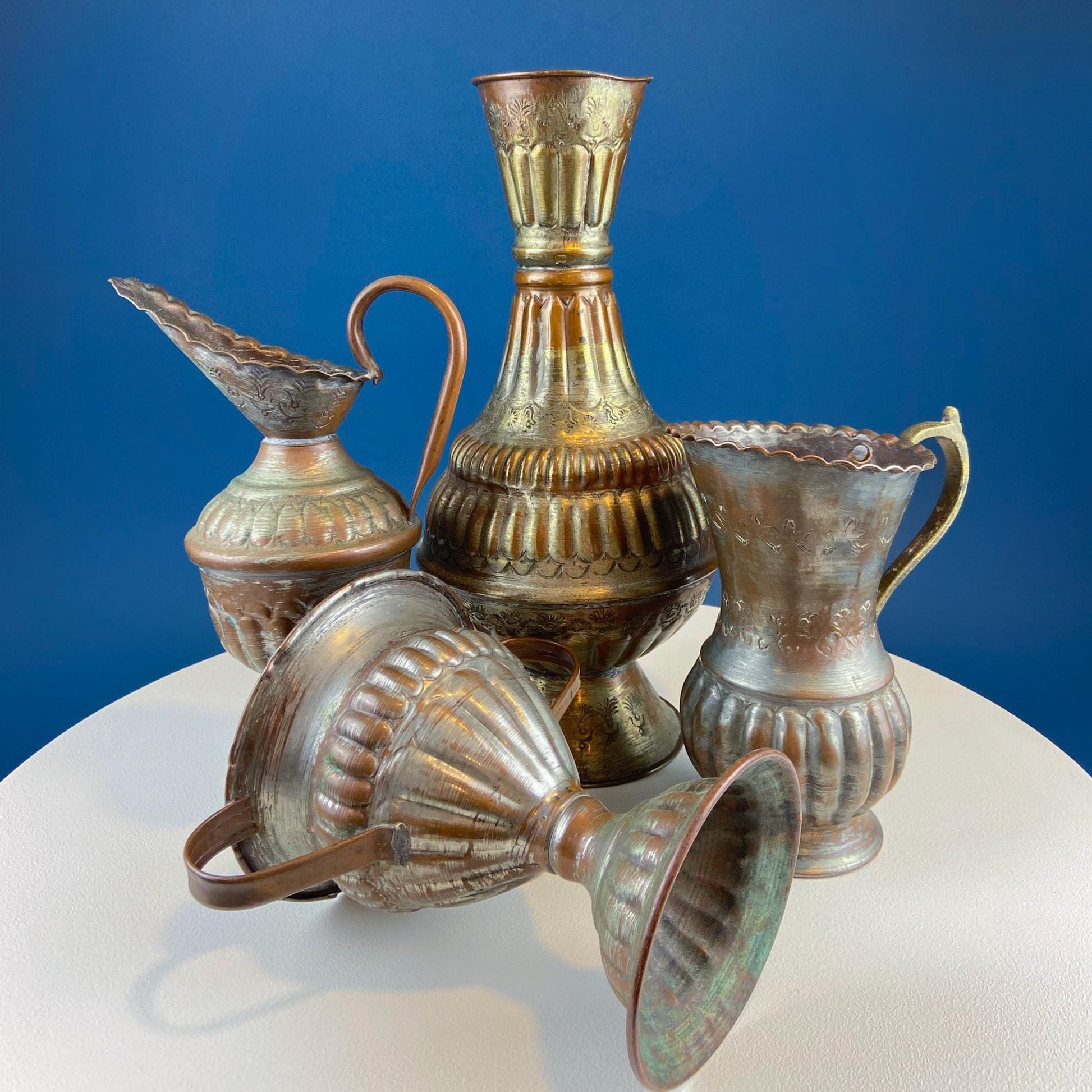 Antique Rustic Hand Pounded Copper and Tin Cups. Set of 4 Different Vessels. Beautiful Fluting. Rustic Home Decor. Gift for Him or Her. - Tampa Home & Garden Store