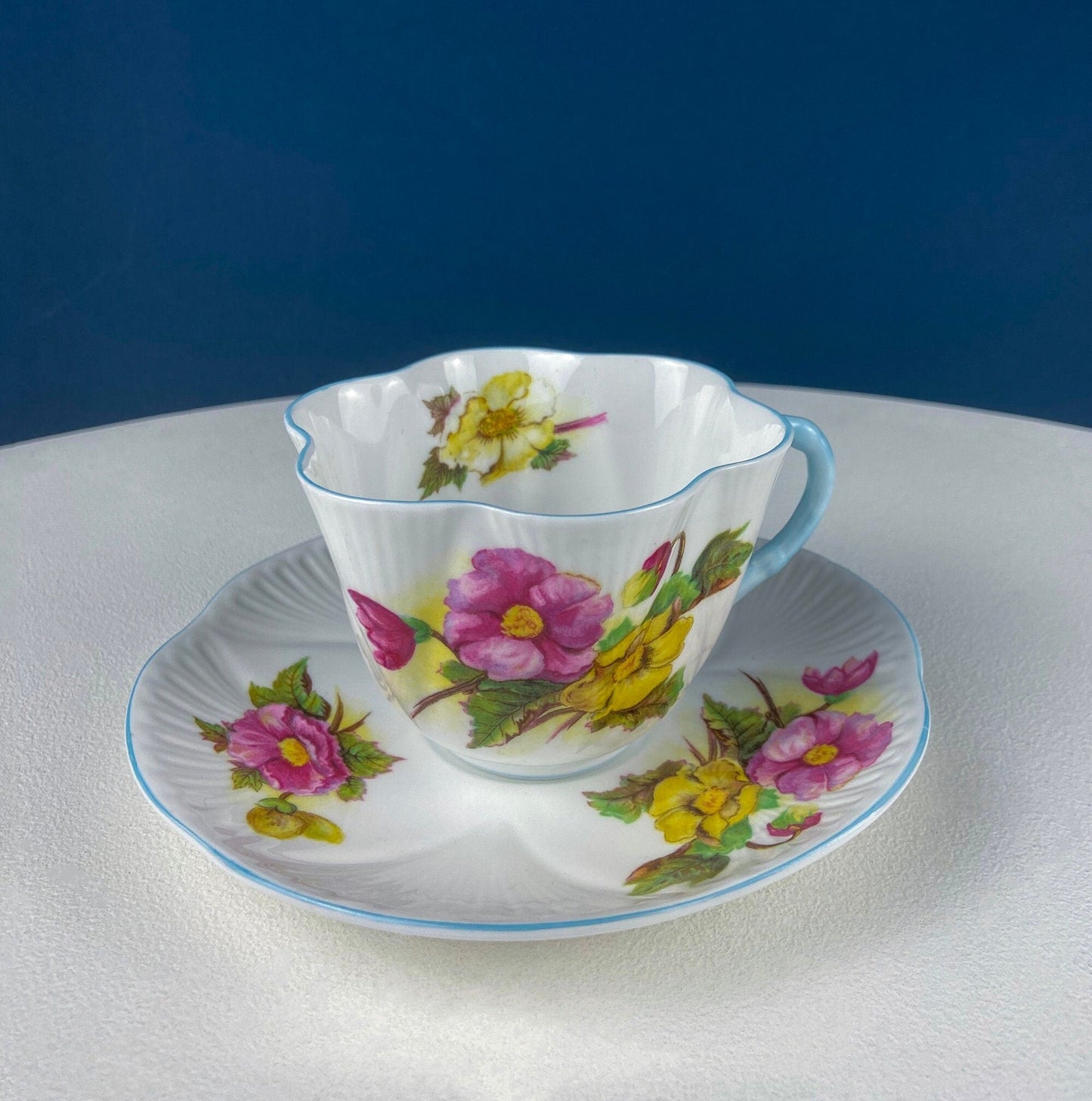 Antique Shelley Cup and Saucer with Begonia Motif . Beautiful, Fine Porcelain. Colorful Flowers and Blue Handle. French Country Living. - Tampa Home & Garden Store