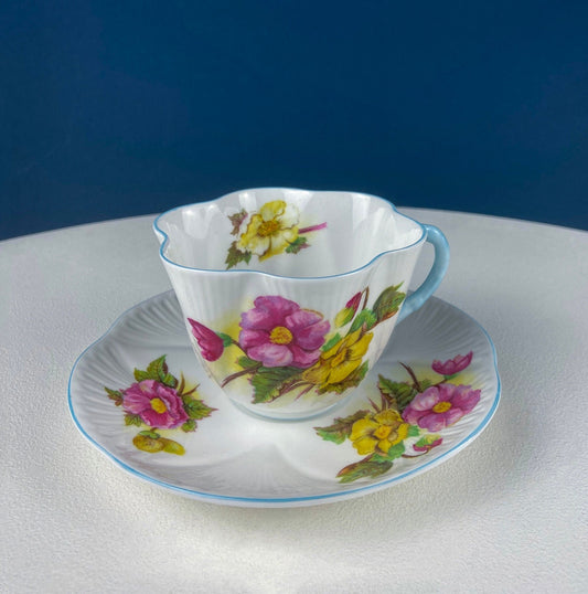 Antique Shelley Cup and Saucer with Begonia Motif . Beautiful, Fine Porcelain. Colorful Flowers and Blue Handle. French Country Living. - Tampa Home & Garden Store