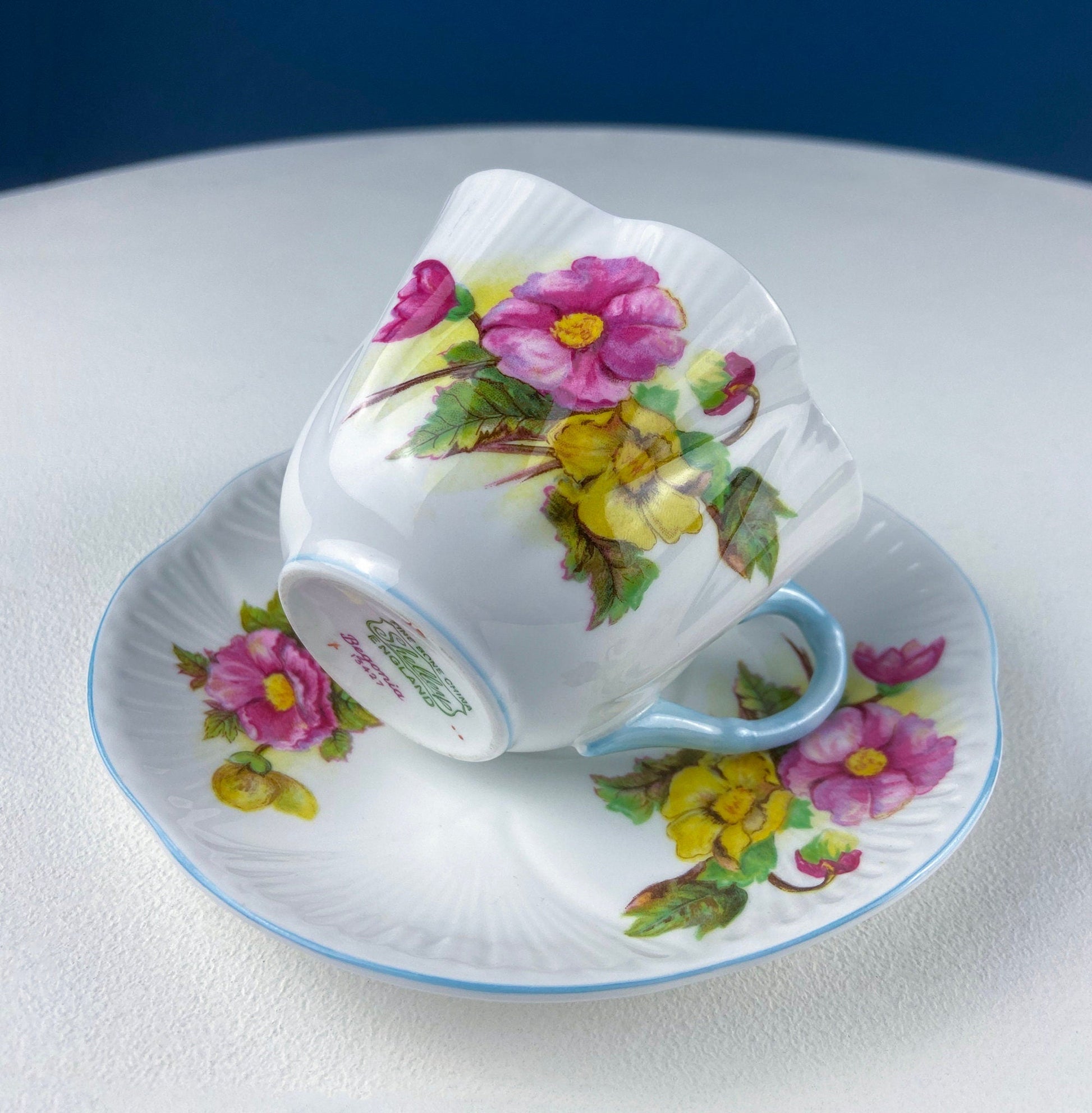 Antique Shelley Cup and Saucer with Begonia Motif . Beautiful, Fine Porcelain. Colorful Flowers and Blue Handle. French Country Living. - Tampa Home & Garden Store