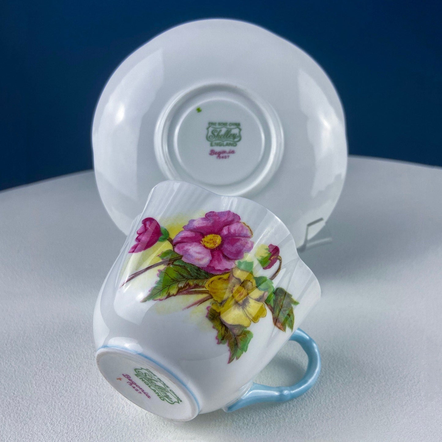 Antique Shelley Cup and Saucer with Begonia Motif . Beautiful, Fine Porcelain. Colorful Flowers and Blue Handle. French Country Living. - Tampa Home & Garden Store