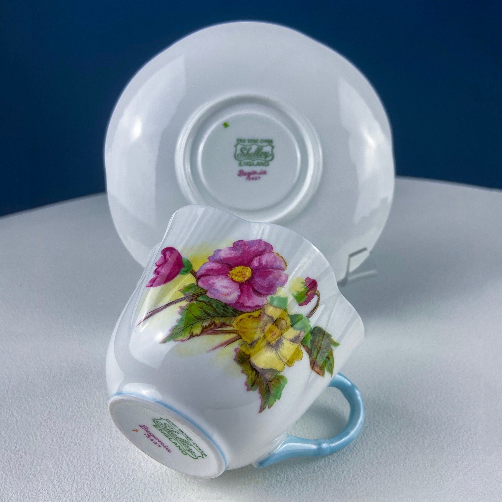 Antique Shelley Cup and Saucer with Begonia Motif . Beautiful, Fine Porcelain. Colorful Flowers and Blue Handle. French Country Living. - Tampa Home & Garden Store