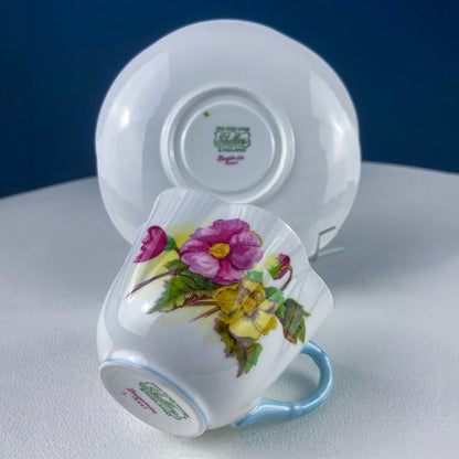 Antique Shelley Cup and Saucer with Begonia Motif . Beautiful, Fine Porcelain. Colorful Flowers and Blue Handle. French Country Living. - Tampa Home & Garden Store