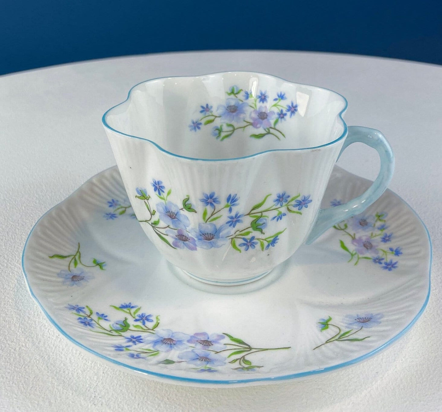 Antique Shelley Porcelain Cup and Saucer: Blue Rock Floral Pattern - Tampa Home & Garden Store