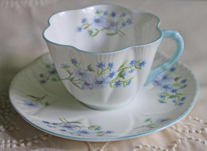 Antique Shelley Porcelain Cup and Saucer: Blue Rock Floral Pattern - Tampa Home & Garden Store
