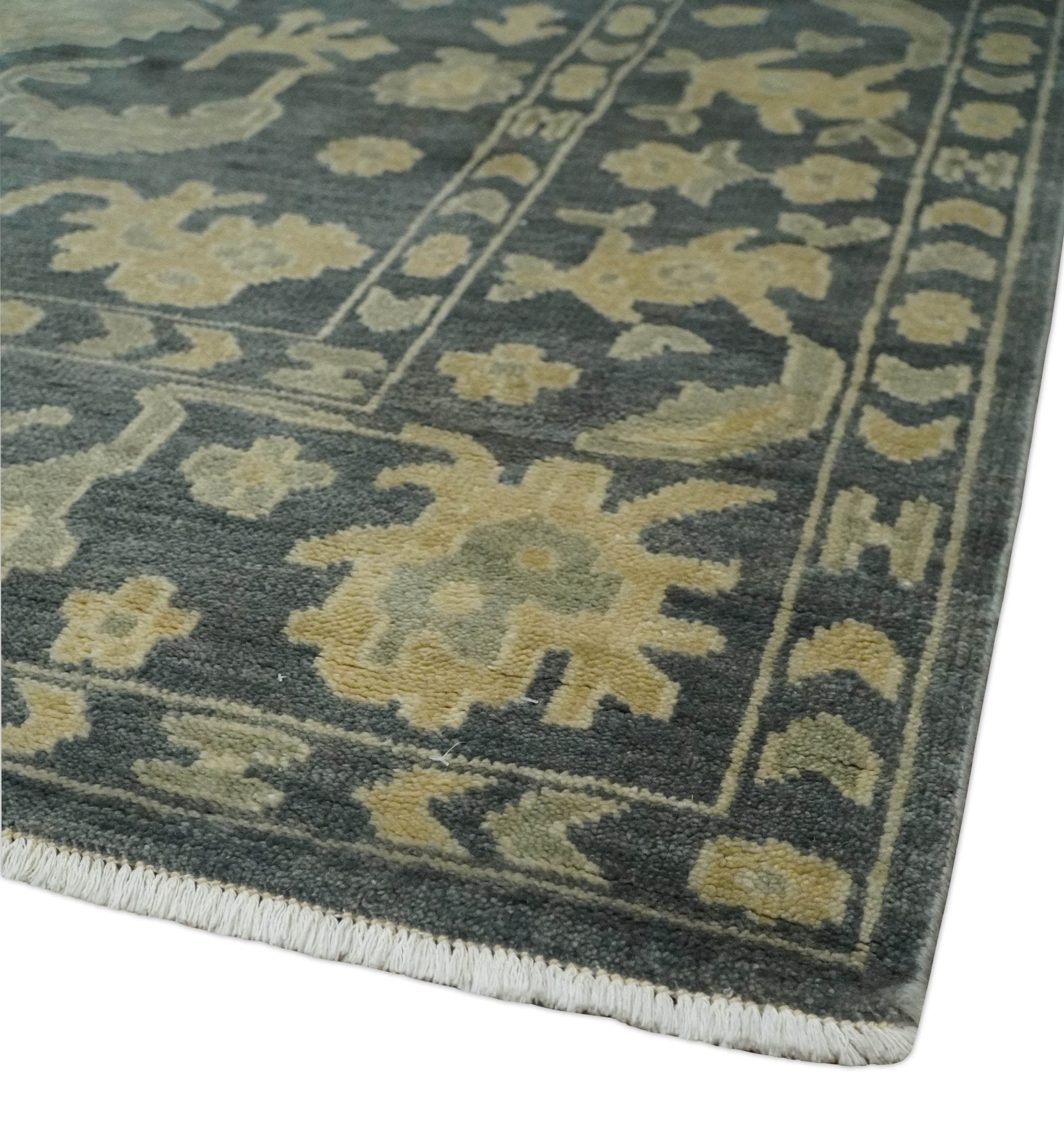 Antique Style 6x9 Hand Knotted Beige and Charcoal Traditional Wool Rug | N35669 - Tampa Home & Garden Store
