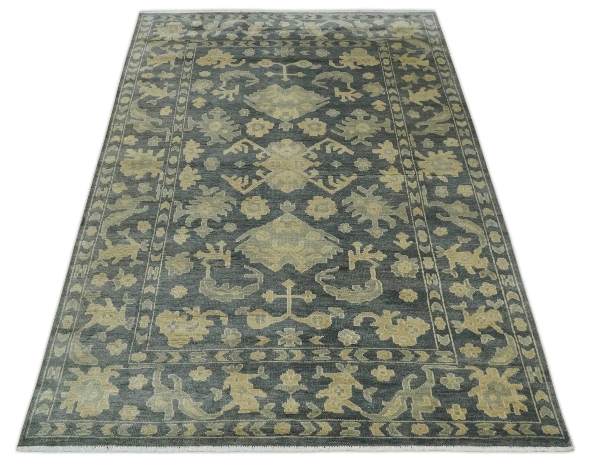 Antique Style 6x9 Hand Knotted Beige and Charcoal Traditional Wool Rug | N35669 - Tampa Home & Garden Store