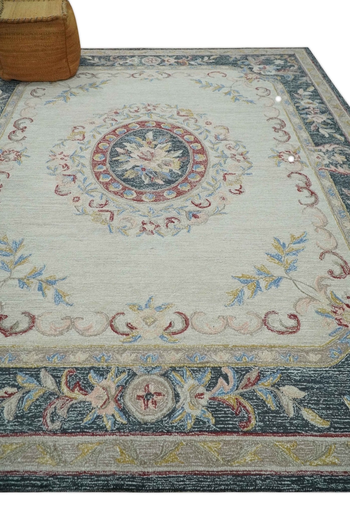 Antique Style Beige and Charcoal Aubusson design Hand Tufted 8x10 wool Area Rug - Tampa Home & Garden Store