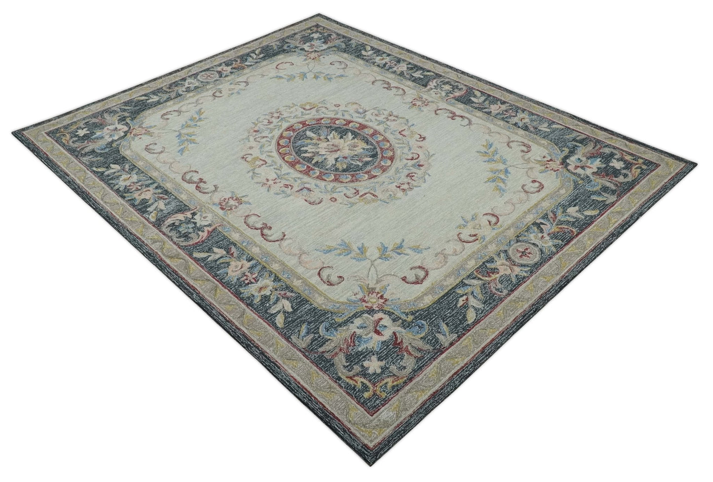 Antique Style Beige and Charcoal Aubusson design Hand Tufted 8x10 wool Area Rug - Tampa Home & Garden Store