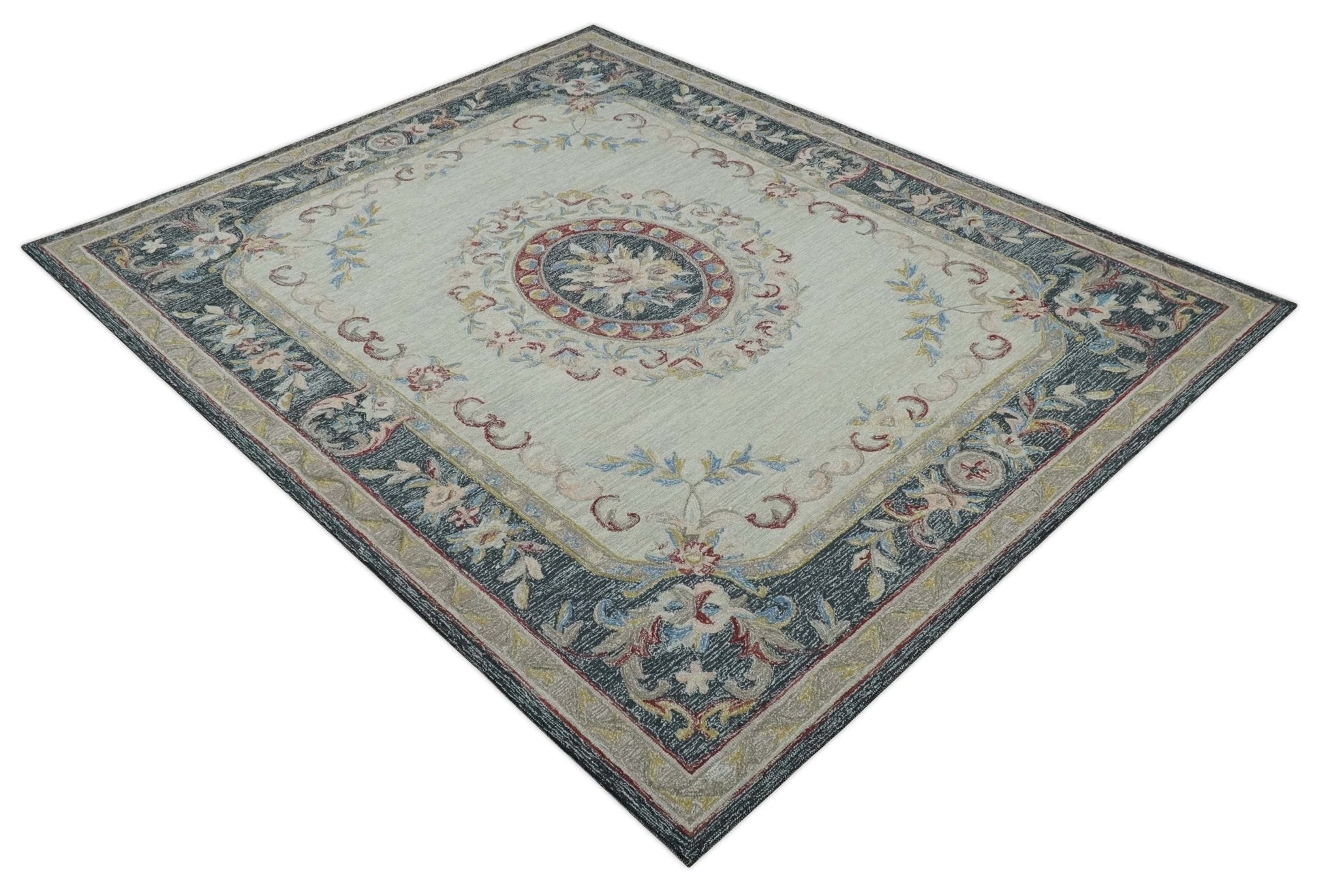 Antique Style Beige and Charcoal Aubusson design Hand Tufted 8x10 wool Area Rug - Tampa Home & Garden Store
