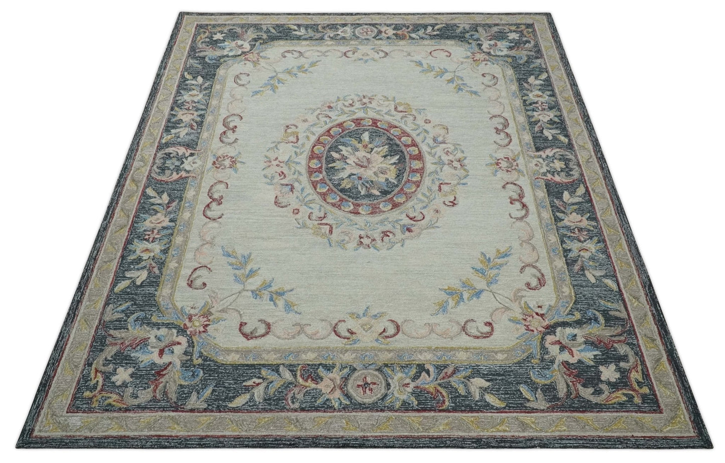 Antique Style Beige and Charcoal Aubusson design Hand Tufted 8x10 wool Area Rug - Tampa Home & Garden Store