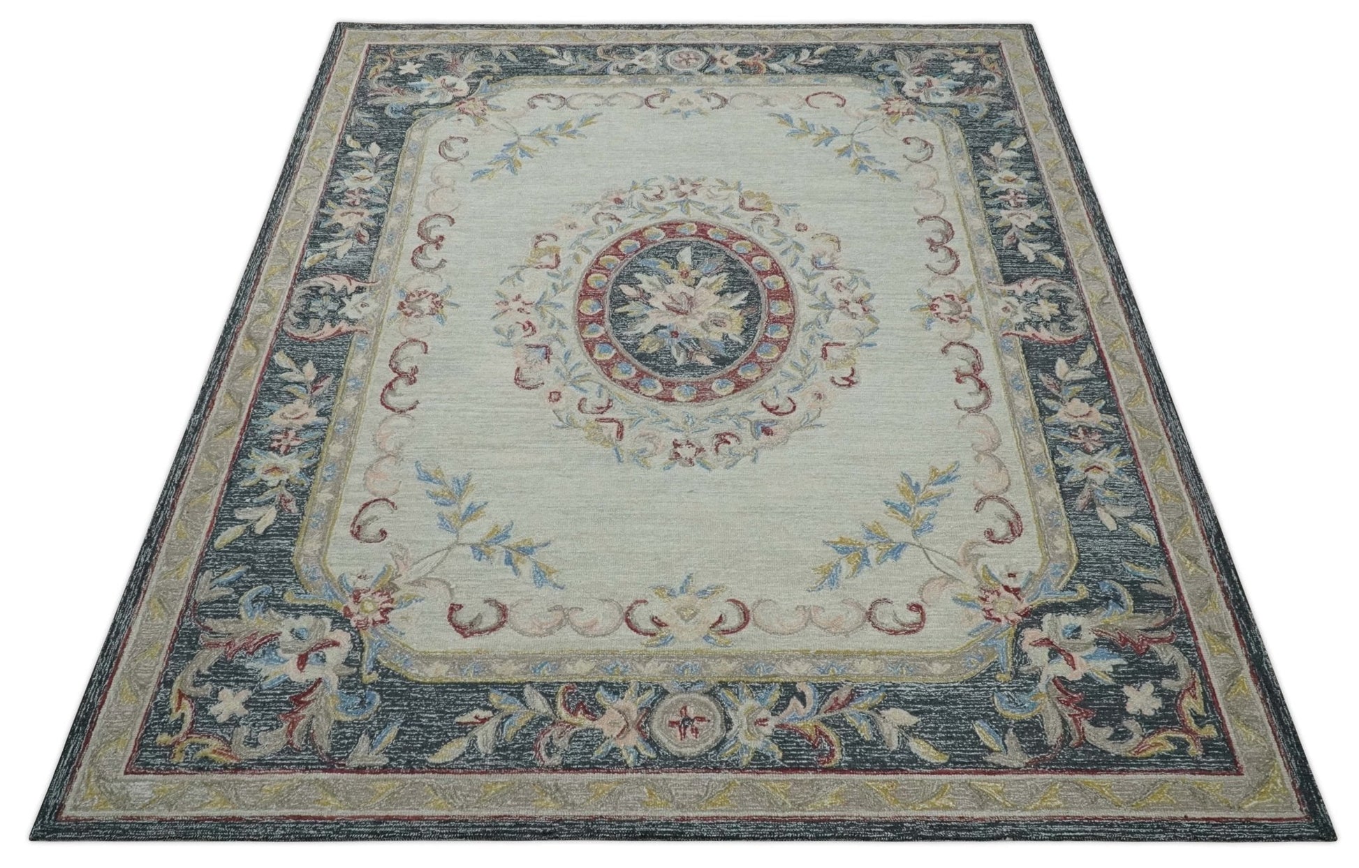 Antique Style Beige and Charcoal Aubusson design Hand Tufted 8x10 wool Area Rug - Tampa Home & Garden Store