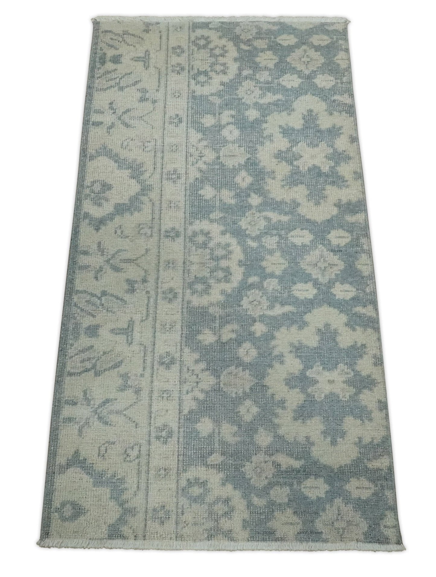 Antique Style Ivory and Charcoal Hand Knotted Traditional Oushak 2x4 wool Bedside Rug - Tampa Home & Garden Store