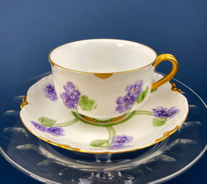 Antique Tea Cup and Saucer with Violets. Hand-Painted Porcelain by Haviland, France. Violet Clusters Motif. Highly Collectible. - Tampa Home & Garden Store