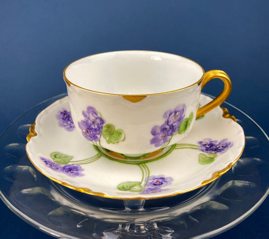 Antique Tea Cup and Saucer with Violets. Hand-Painted Porcelain by Haviland, France. Violet Clusters Motif. Highly Collectible. - Tampa Home & Garden Store