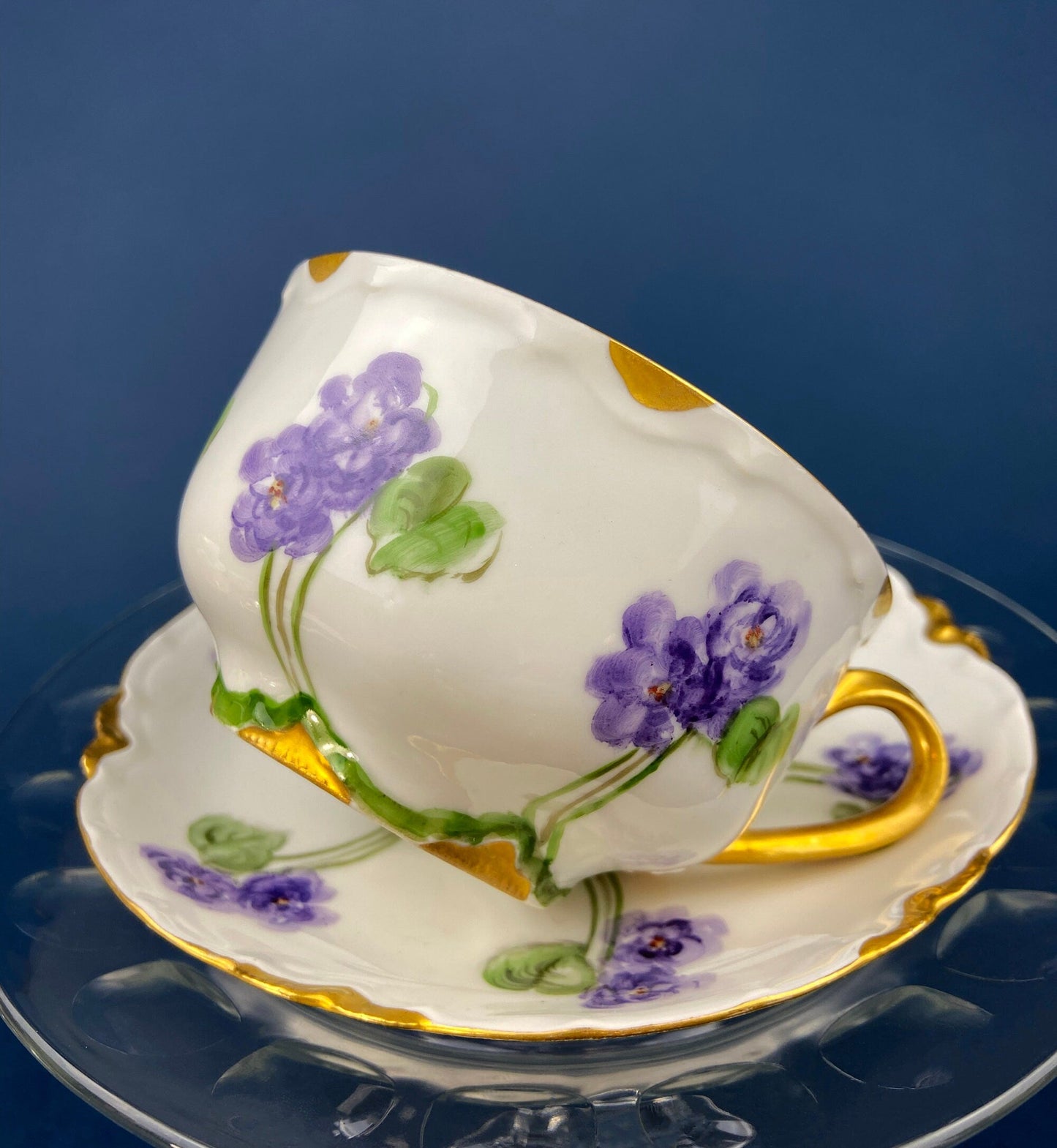 Antique Tea Cup and Saucer with Violets. Hand-Painted Porcelain by Haviland, France. Violet Clusters Motif. Highly Collectible. - Tampa Home & Garden Store