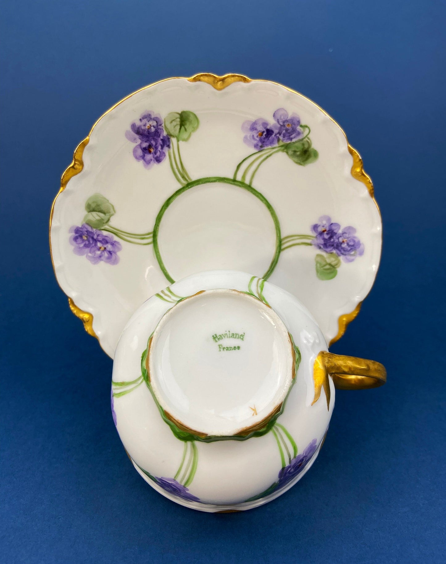 Antique Tea Cup and Saucer with Violets. Hand-Painted Porcelain by Haviland, France. Violet Clusters Motif. Highly Collectible. - Tampa Home & Garden Store