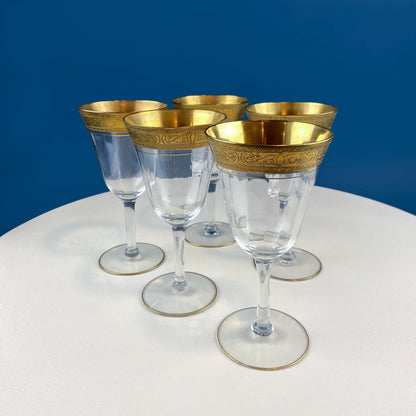 Antique Tiffin Franciscan Wine Goblets with Embossed Gold Rims. Set of 5 Faceted Mid Century Stemware. 24K Gold. Dining Room Decor. Gift for Him Her - Tampa Home & Garden Store