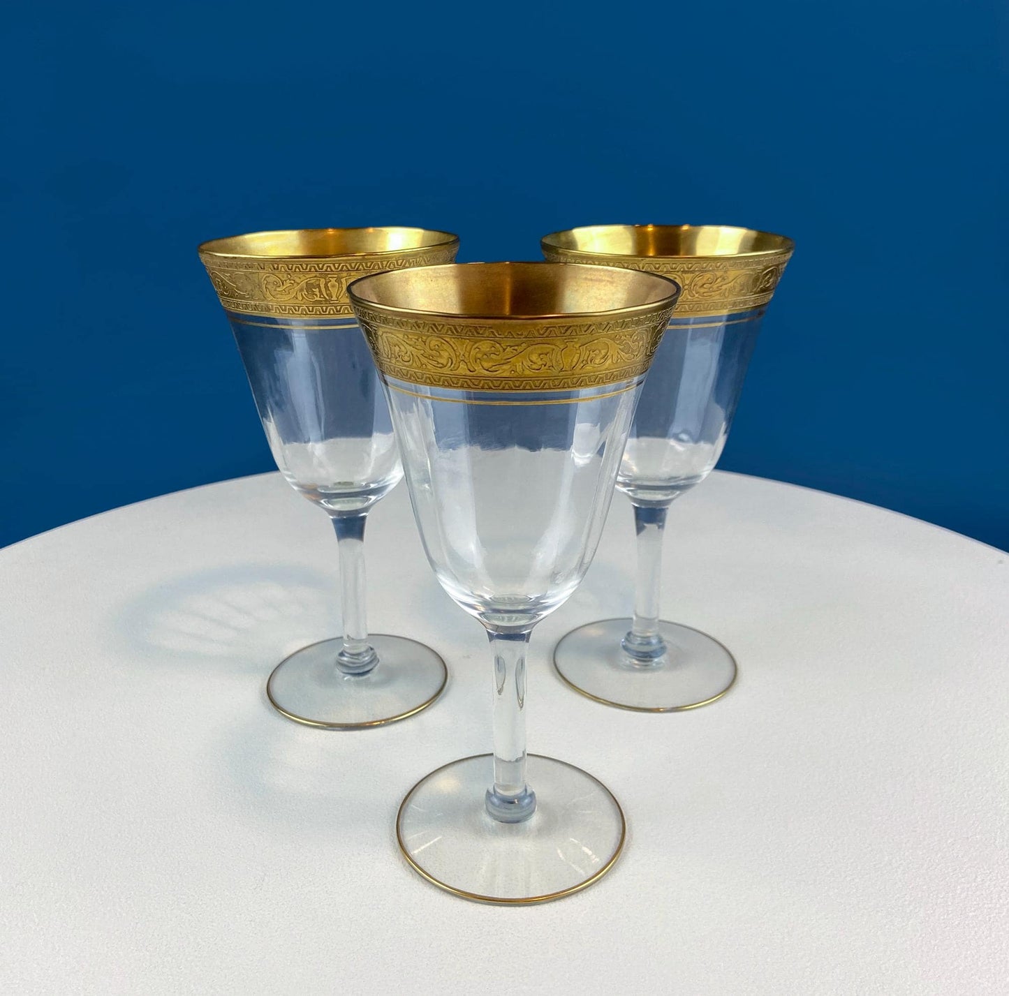Antique Tiffin Franciscan Wine Goblets with Embossed Gold Rims. Set of 5 Faceted Mid Century Stemware. 24K Gold. Dining Room Decor. Gift for Him Her - Tampa Home & Garden Store