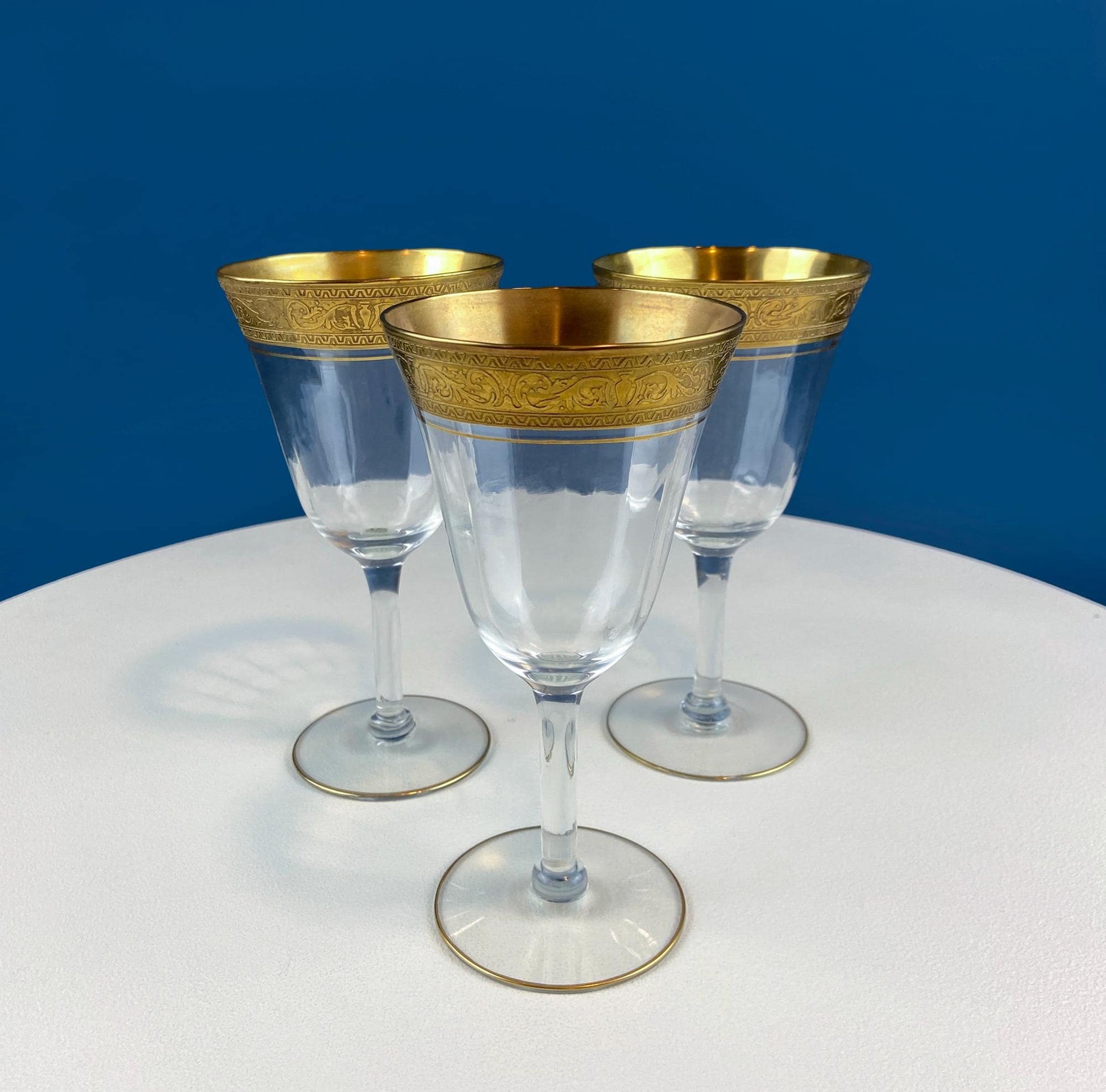 Antique Tiffin Franciscan Wine Goblets with Embossed Gold Rims. Set of 5 Faceted Mid Century Stemware. 24K Gold. Dining Room Decor. Gift for Him Her - Tampa Home & Garden Store