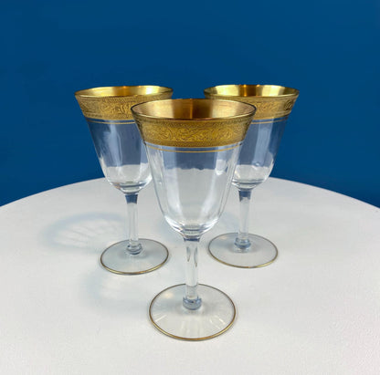 Antique Tiffin Franciscan Wine Goblets with Embossed Gold Rims. Set of 5 Faceted Mid Century Stemware. 24K Gold. Dining Room Decor. Gift for Him Her - Tampa Home & Garden Store