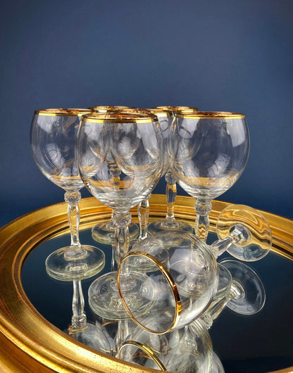 Antique Tiffin Franciscan Wine Goblets with Embossed Gold Rims. Set of 5 Faceted Mid Century Stemware. 24K Gold. Dining Room Decor. Gift for Him Her - Tampa Home & Garden Store