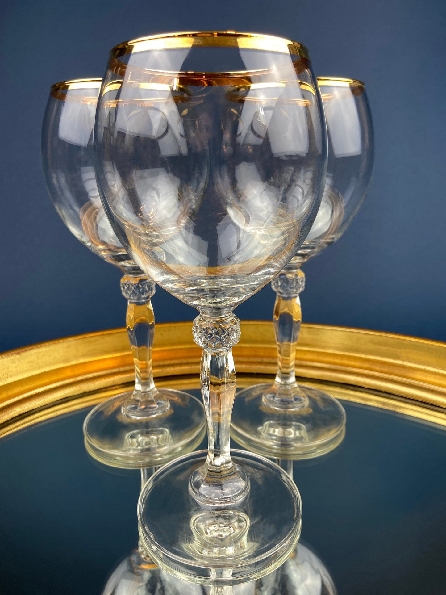 Antique Tiffin Franciscan Wine Goblets with Embossed Gold Rims. Set of 5 Faceted Mid Century Stemware. 24K Gold. Dining Room Decor. Gift for Him Her - Tampa Home & Garden Store