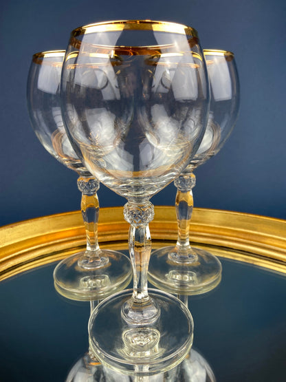 Antique Tiffin Franciscan Wine Goblets with Embossed Gold Rims. Set of 5 Faceted Mid Century Stemware. 24K Gold. Dining Room Decor. Gift for Him Her - Tampa Home & Garden Store
