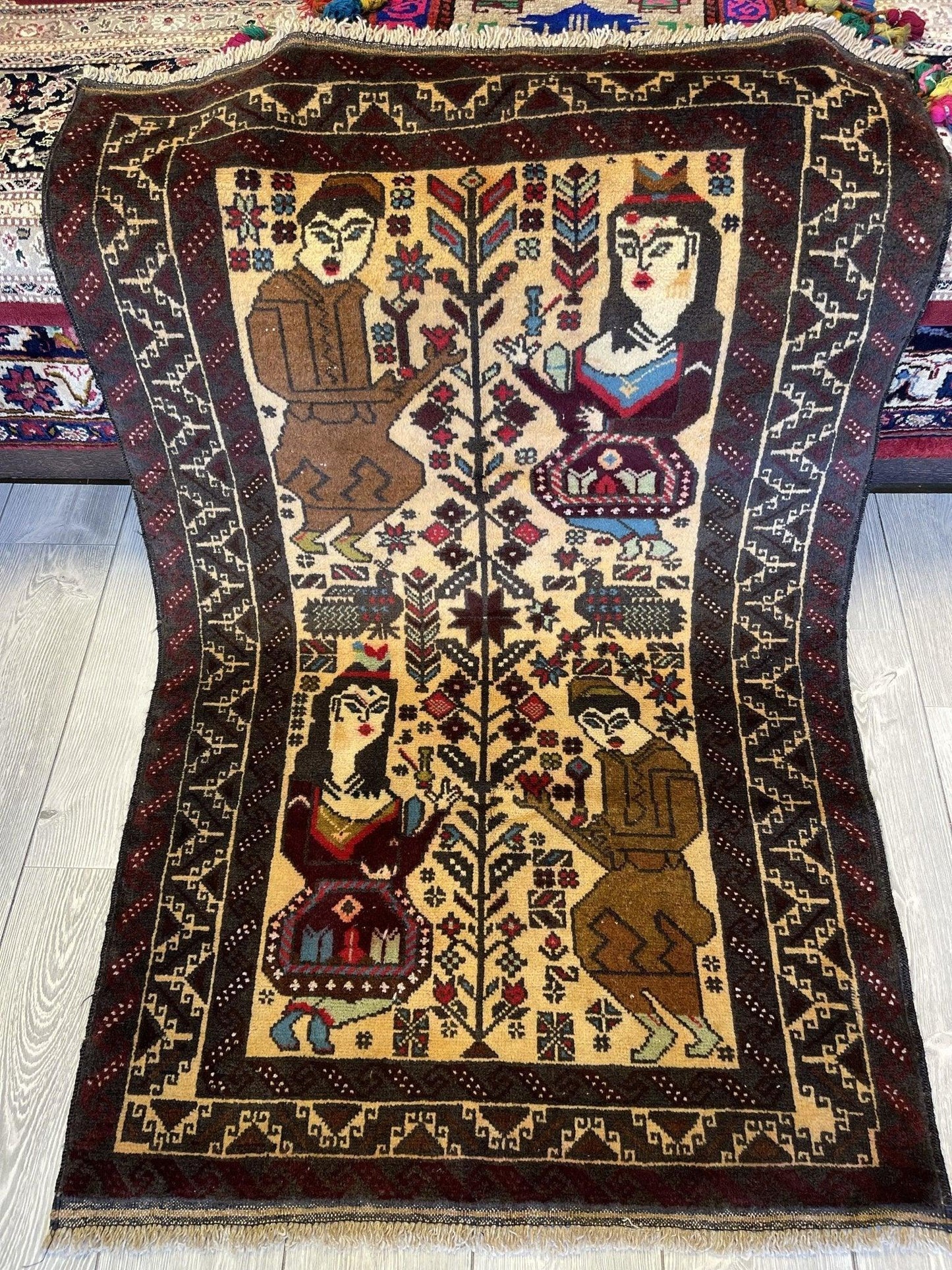 Antique Tribal Afghani Baluchi Laili Majnun Pictorial Rug 4.5x2.10 Ft - Tampa Home & Garden Store