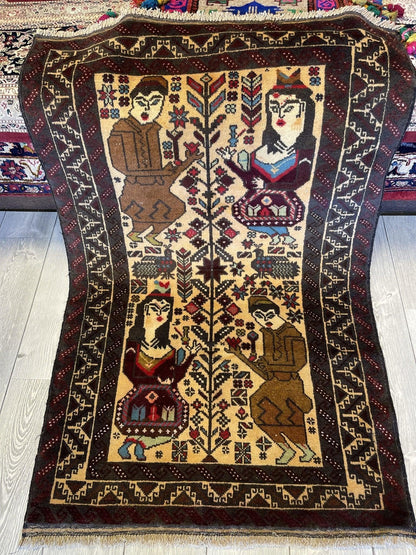 Antique Tribal Afghani Baluchi Laili Majnun Pictorial Rug 4.5x2.10 Ft - Tampa Home & Garden Store