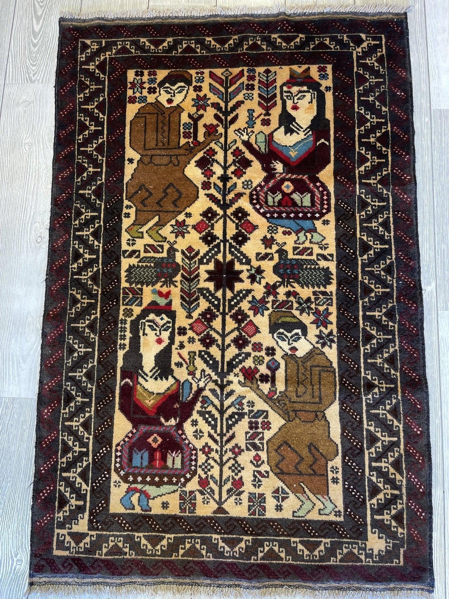 Antique Tribal Afghani Baluchi Laili Majnun Pictorial Rug 4.5x2.10 Ft - Tampa Home & Garden Store