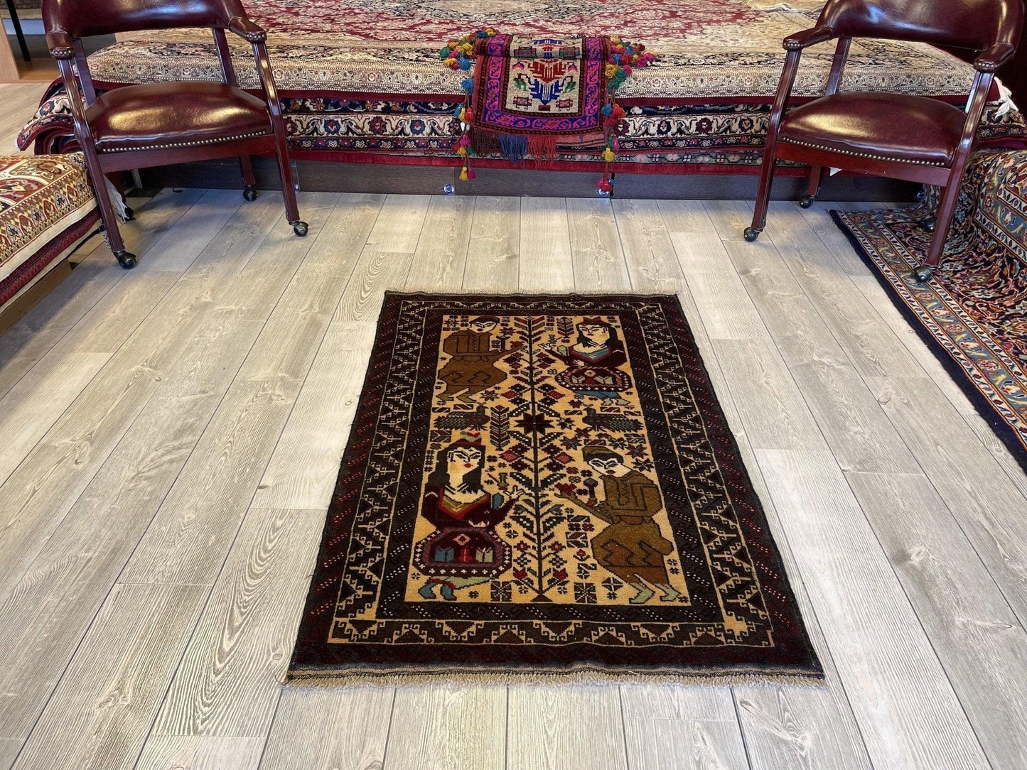 Antique Tribal Afghani Baluchi Laili Majnun Pictorial Rug 4.5x2.10 Ft - Tampa Home & Garden Store